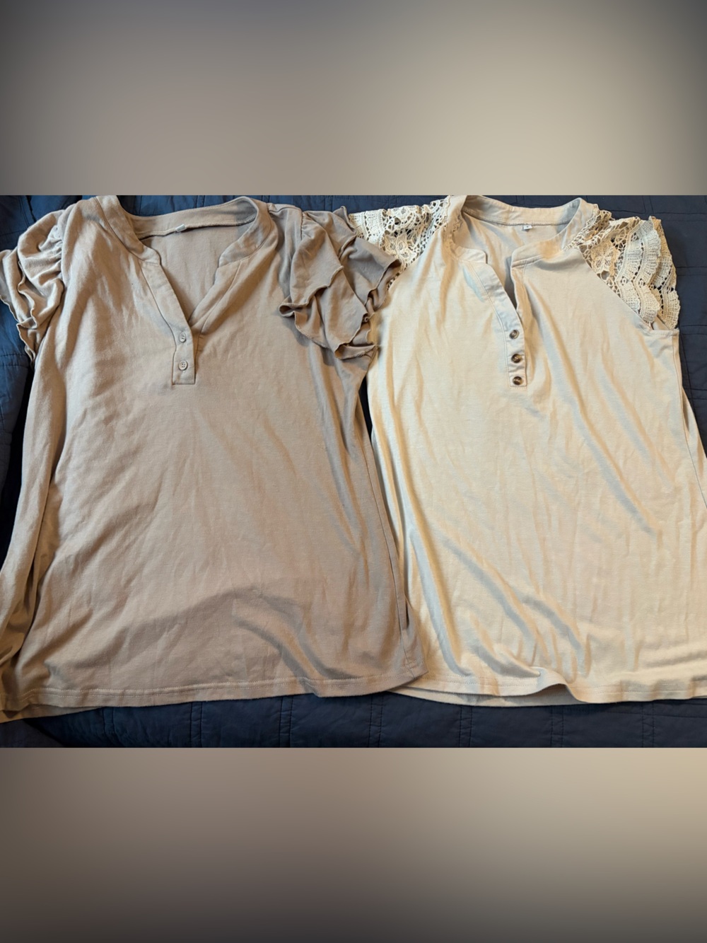Womens Short Sleeve Henley Top with Lace Accent - Beige and brown with ruffles s
